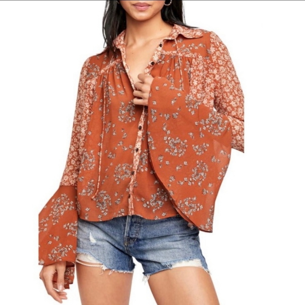 Free People Serena Printed Floral Bell Sleeves Size L